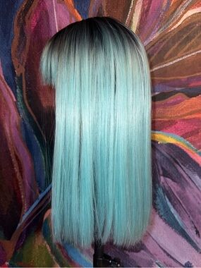 CSC Sky Blue Unknown Straight Synthetic Wig with Bangs Standard T Part